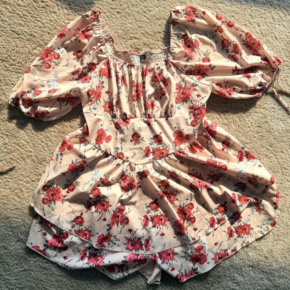 SHEIN Curve 1XL Floral Puff Sleeve Skort Romper Dress Pink Red Rose Plus Size